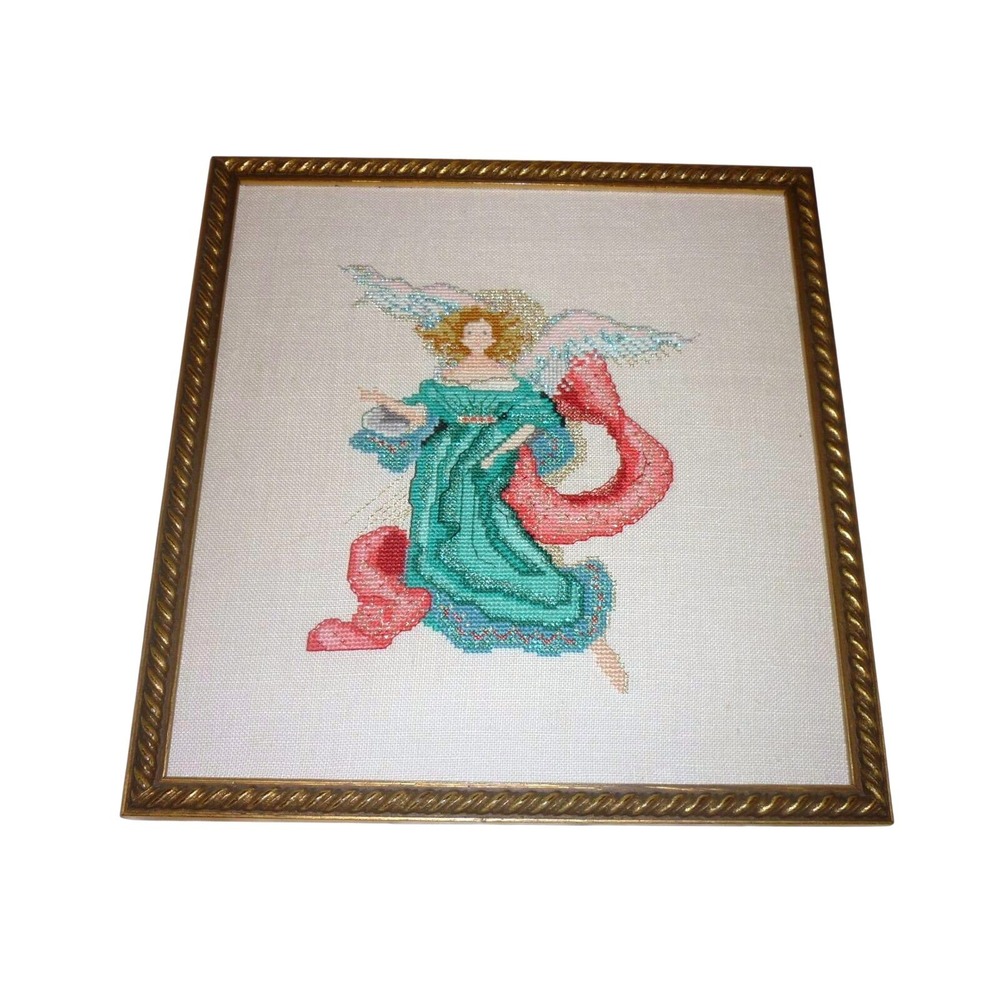 Vintage Lavender & Lace Angel Cross Stitch Beaded‎ Framed Wall  Gold Rope Frame
